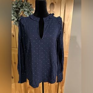 Navy with gold dots ruffled Boden top